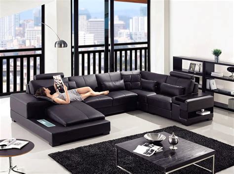 Modern Black Leather Sectional Living Room Furniture ~ Leather Corner Sofas With Genuine Leather ...