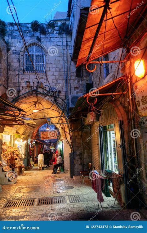 JERUSALEM, ISRAEL - APRIL 2017: Bazaar in Old City Jerusalem at Night ...