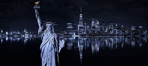 New York Cityscape by night with Statue Of Liberty Monochrome Skyline | Justin Kelefas Fine Art ...