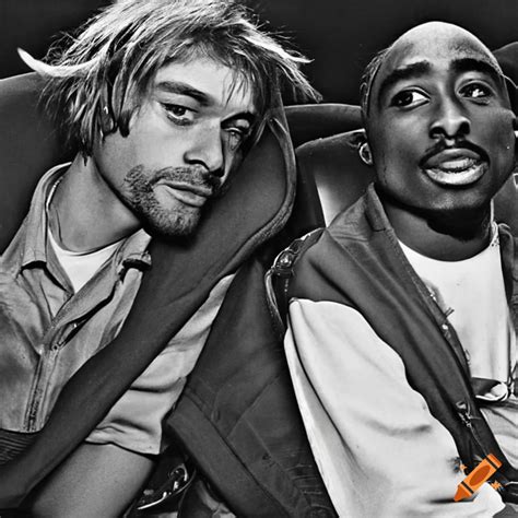 An old photo of kurt cobain and tupac, sitting together in the backseat of a car