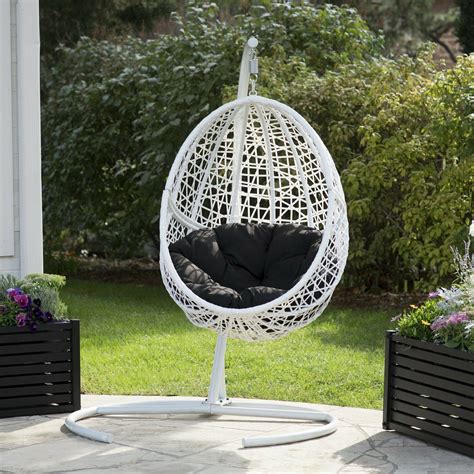 Outdoor White Wicker Hanging Egg Chair w Stand