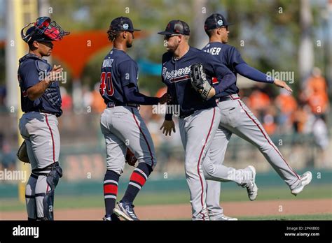 Sarasota FL USA; The Atlanta Braves celebrate after wining during an ...