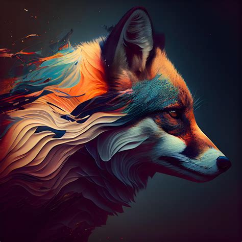 Digital painting of a fox head with colorful paint splashes on a dark background, Image 23180027 ...