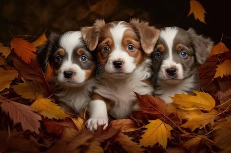 Premium AI Image | Three cute puppies playing in pile of autumn leaves