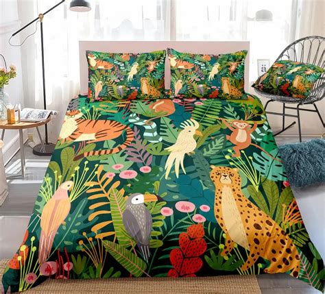 Wild-Animals-Bedding-Tropical-Plants-Duvet-Cover-Set-Parrot-Monkey-Pattern-Palm-Leaves-Quilt ...