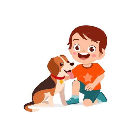 Feliz lindo niño niño niña jugar con perro mascota | Vector Premium