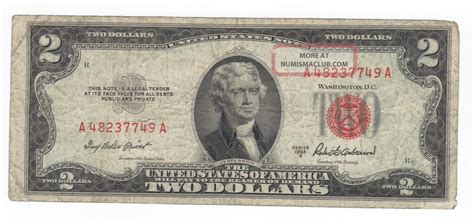 1953a Red Seal $2. 00 Thomas Jefferson Note, Two Dollar Bill A48237749a