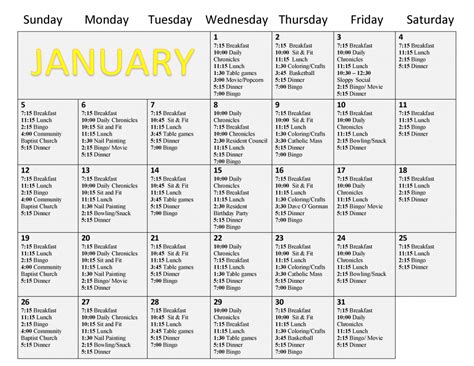 January Calendar of Events and Activities