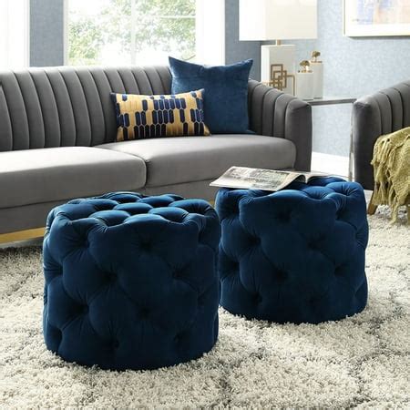 Perilous Navy Blue Velvet Ottoman - Allover Tufted | Round | Modern Contemporary | 1 PC ...