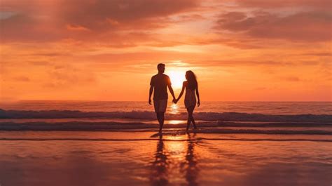 Premium AI Image | Couple walking on the beach at sunset