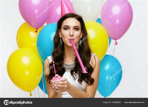 Birthday Party. Happy Beautiful Woman Celebrating With Balloons Stock ...