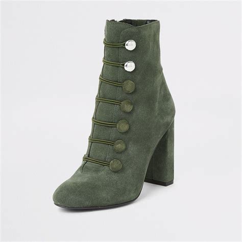 Green suede button heeled ankle boot | River Island | Green ankle boots ...