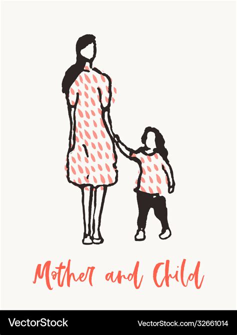 Mother child walking together drawn sketch Vector Image