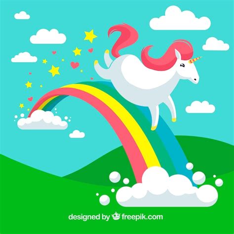 Free Vector | Landscape background and unicorn running in the rainbow