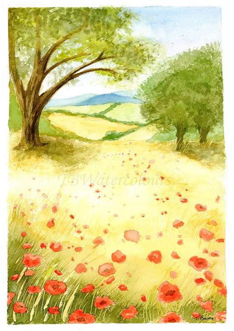 Watercolour landscape poppy field illustration in 2020 | Watercolor ...