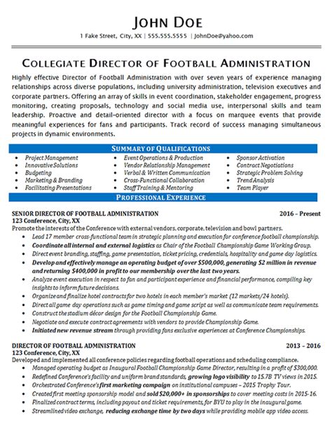 Athletic Director Resume Example - Football - Sports Management