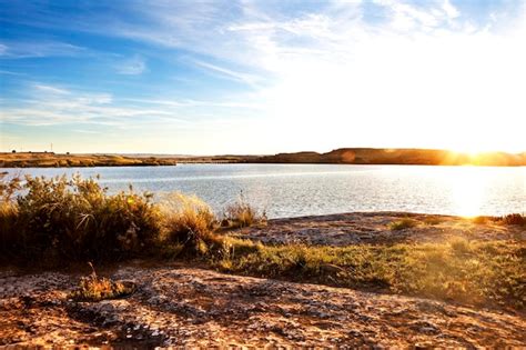 Premium Photo | Sunset landscape and lake