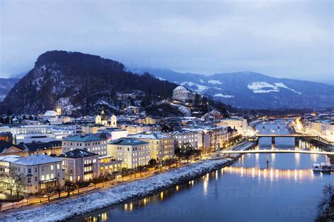 Salzach River and old town at dusk, UNESCO World Heritage Site, Salzburg, Austria, Europe stock ...