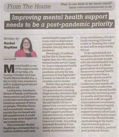 Monthly Luton News Column – Improving Mental Health Support - Rachel ...