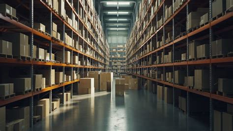 Boxes and Box Loaders in a Warehouse, Rows of Shelves with Boxe Stock ...