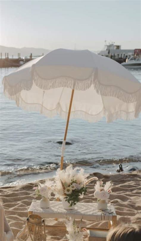 White Premium Beach Umbrella with Fringe - Reverie Picnics