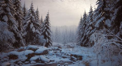 ArtStation - Snowy Forest. Morning., Dmitry Kremiansky | Snowy forest, Scenery, Environment painting