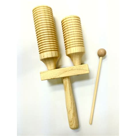 Double Wood Tone Block and Guiro with Mallet - High and low pitch percussion musical instrument ...