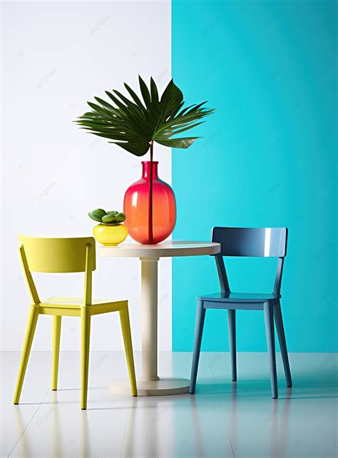 A White Table Has Three Chairs In Bright Colours Background Wallpaper Image For Free Download ...