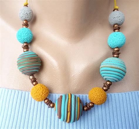 Chunky bead necklace large round yellow turquoise colorful beads jewelry thick unique statement ...