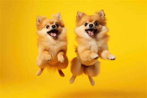 Premium Photo | Jumping Moment Two Pomeranian Dogs On Yellow Background