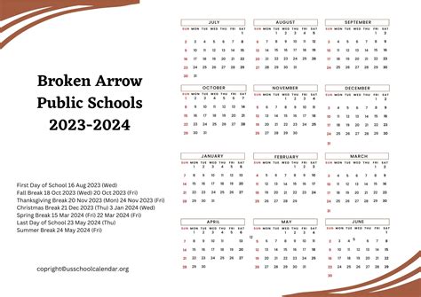 Broken Arrow Public Schools Calendar with Holidays 2023-2024