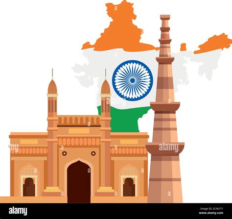 gateway with qutub minar and map india, famous monuments of india on white background Stock ...