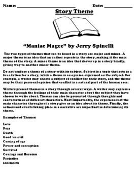 “Maniac Magee” by Jerry Spinelli THEME WORKSHEET MAJOR & MINOR | TPT