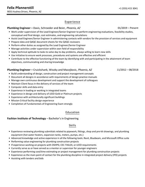 Plumbing Engineer Resume Samples | Velvet Jobs