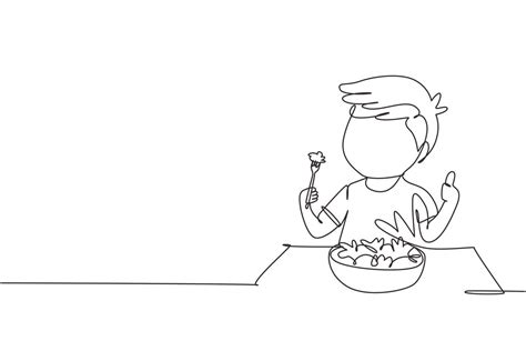 Single one line drawing little boy eating fresh vegetable salad and ...