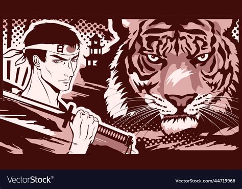 Samurai man and tiger in manga and anime style Vector Image