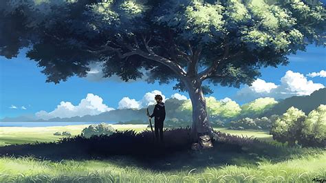 Grass Anime Mountain Background : Anime, girl, model, lake, landscape ...