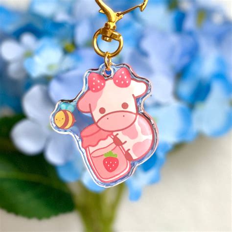 Strawberry Cow Keychain Cute Keychain Kawaii Keychain - Etsy