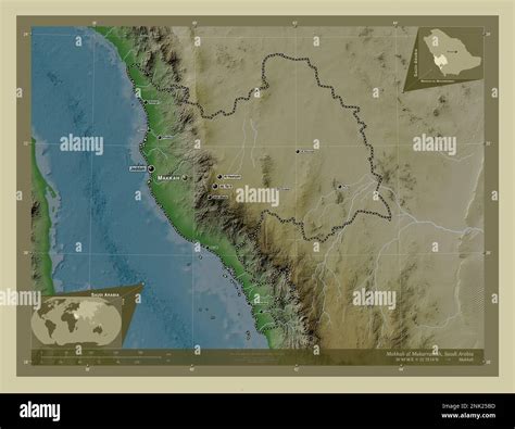 Makkah al Mukarramah, region of Saudi Arabia. Elevation map colored in wiki style with lakes and ...