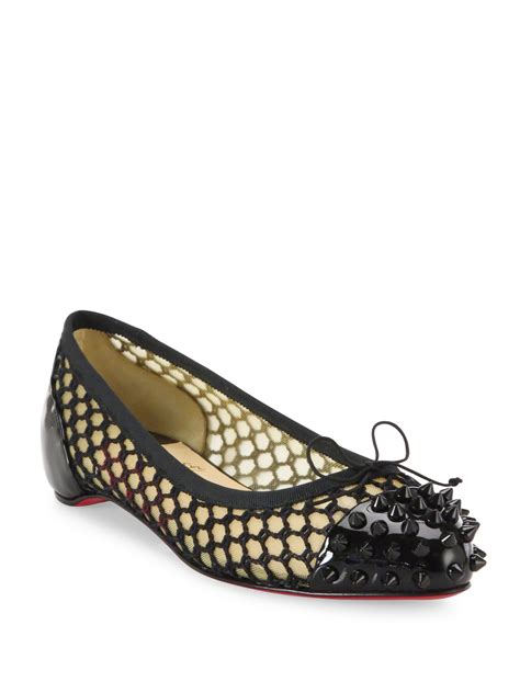 Christian louboutin Mix Patent Spiked Knotted Mesh Flats in Black | Lyst