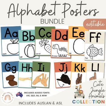 Alphabet Posters Bundle with ASL & Auslan Alphabet | Cute Jungle Animals Decor