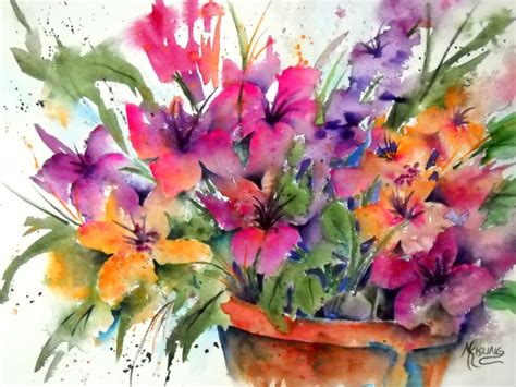 Watercolor of Spring Flowers in Pot Colorful Martha Kisling