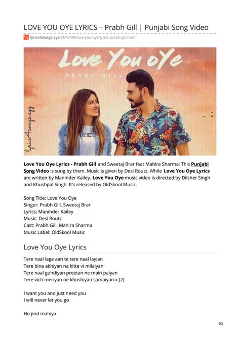 LOVE YOU OYE LYRICS – Prabh Gill by Lyrics 4 Songs - Issuu