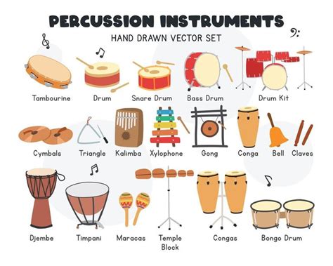 Percussion instruments vector set. Simple cute tambourine, drums, cymbals, conga, bongo, maracas ...