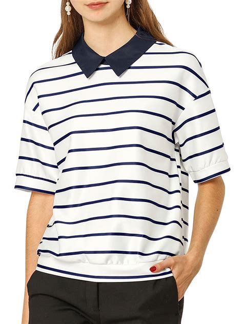 Unique Bargains - Women's Striped Short Sleeve Button Back Polo Shirt M ...