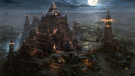 artwork, Fantasy art, Pyramid, Temple, Night, Moonlight, Moon, Building, Architecture, Egyptian ...