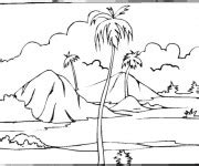 Coloriage Paysage de Palmier sur une île dessin gratuit à imprimer