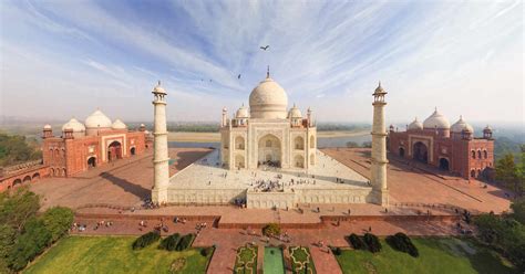 Aerial view of birds flying over Taj Mahal, India stock photo