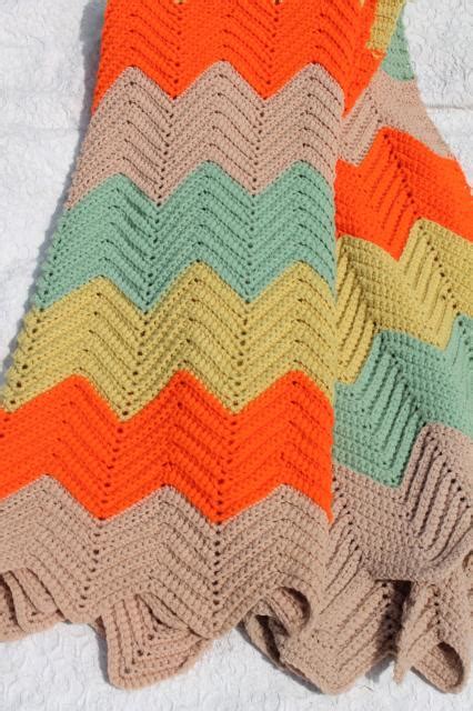 vintage crochet afghan, chevron ripple stripes in retro fall harvest colors