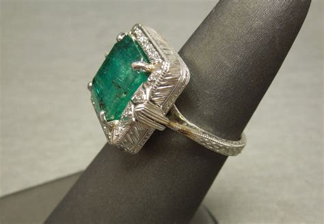 Art Deco Emerald Ring 6.82TCW Platinum Engraved C1930